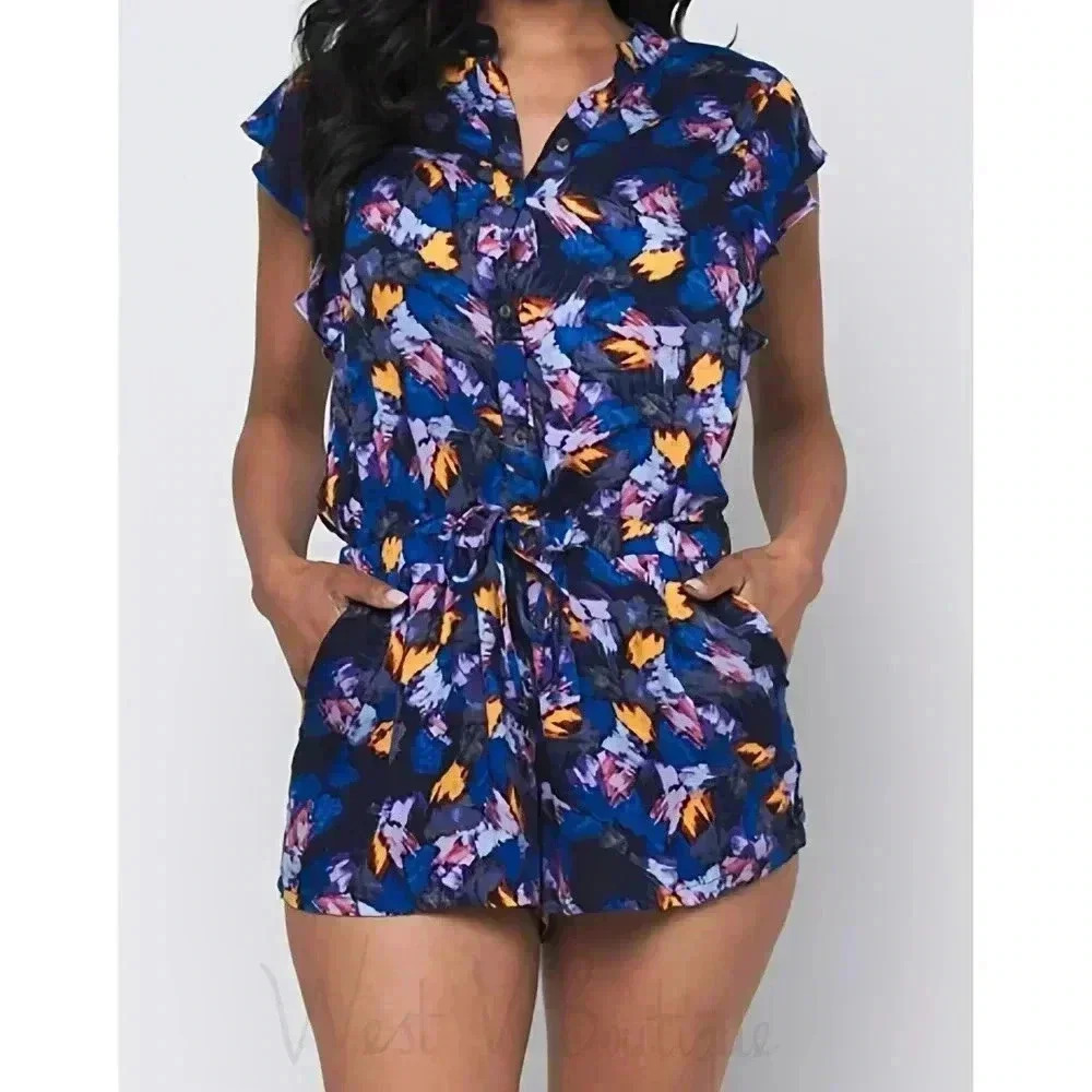 CLOSET CLOSEDOWN⚠️🚨Olivaceous Multicolor Short Sleeve Romper with Pockets